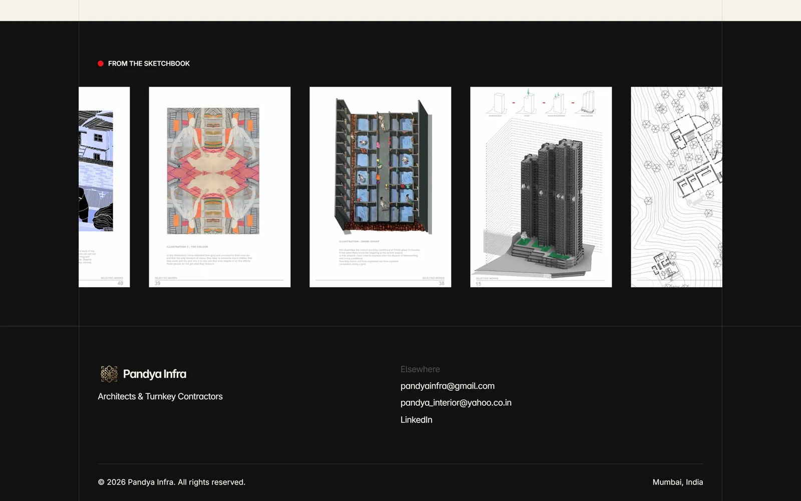 Pandya Infra sketchbook carousel and footer